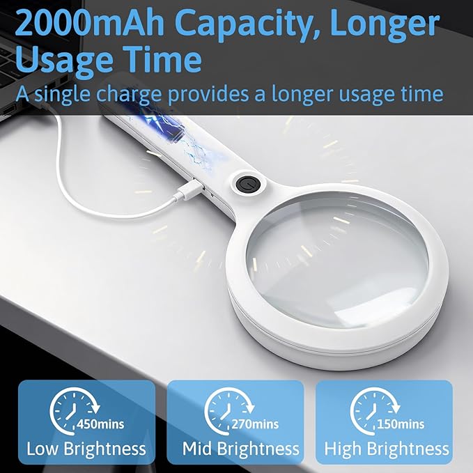 10X Large Magnifying Glass with Light, Upgraded 4.33" Handheld Illuminated Lighted Magnifier with 3 Light Modes for Seniors Reading, Coins, Jewelry, Close Work, Kids Nature Exploration(White)
