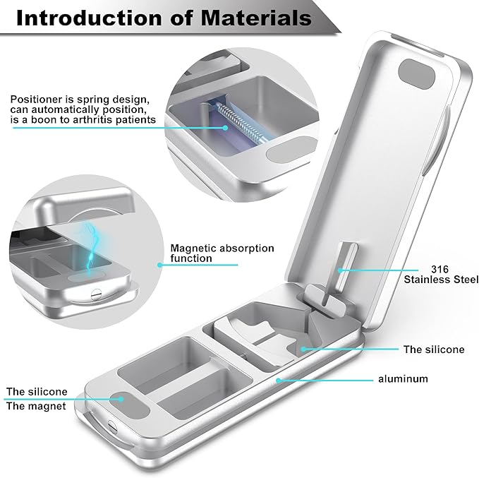 Aluminum Pill Splitter Cutter with Auto Centering Device, 316L Stainless Blade, Genuine Leather Case, Professional Pill Splitter for Cutting Small or Large Pills (Silver)
