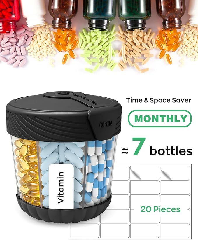 Cute Pill Dispenser with 7 Large Compartments, Portable Pill Bottle Organizer with Wide Opening for Travel, Anti-Mixing Pill Container, Shatterproof BPA-Free, Includes 20 Pcs Labels, Black
