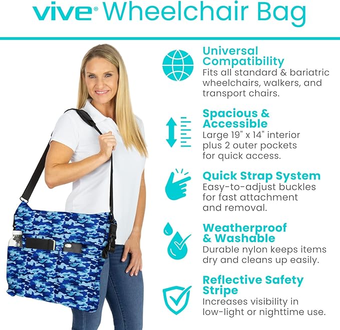 Vive XL Wheelchair Accessories Bag - Waterproof, Scratch-Resistant, Double-Stitched, Machine Washable for Adults, Seniors, 15 Colors - Storage Walker Backpack to Hang on Back