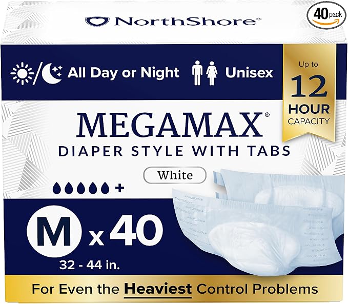 NorthShore MegaMax 12-Hour HBL Adult Diapers for Heavy Bladder Leaks, Medium, 40 Count, White, 32-44 inches, Tab-Style Incontinence Underwear for Men, Women & Teens