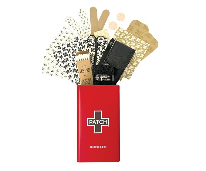 Patch Eco First Aid Kit, Assorted Hypoallergenic Adhesive Sizes Large and Small Bandages for Sensitive Skin, Essential Medical Supplies in a Reusable Tin, Latex Free, Sensitive Skin Bandages, 77 ct | Reusable, Assorted Adhesive Bandages, Wound Spray fo...