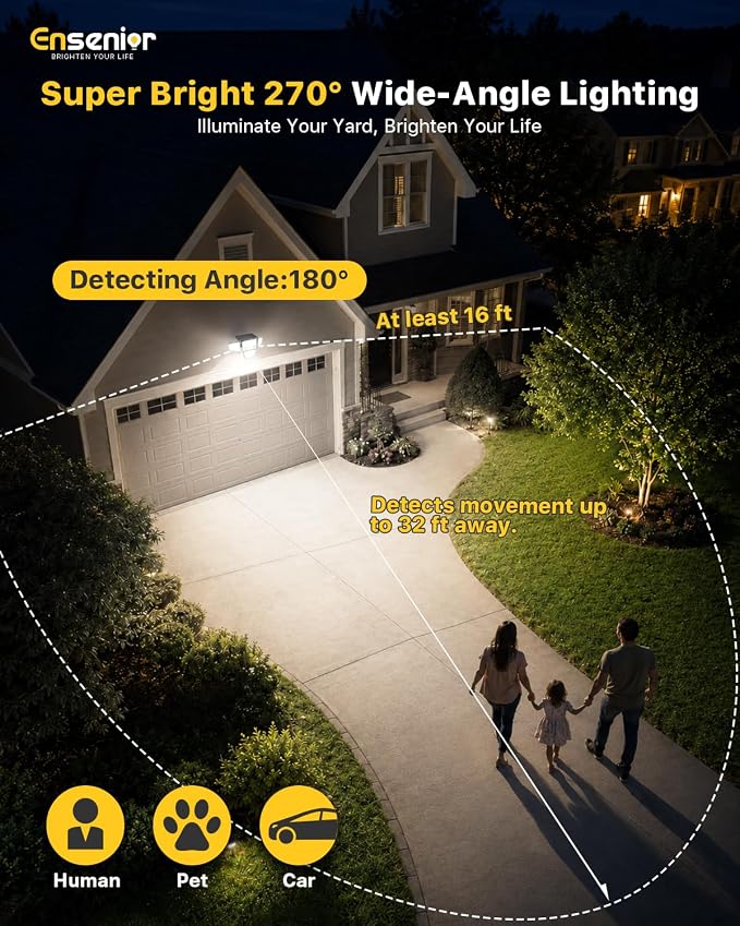 Motion Sensor Outdoor Solar Lights, Security Flood Lights 4-Head, 3 Pack | 5000LM, IP65 Waterproof, 279 LEDs, Dual Sensors, 270°Wide-Angle, 4 Modes, Remote Control, Yard, Garage, Fence, Patio