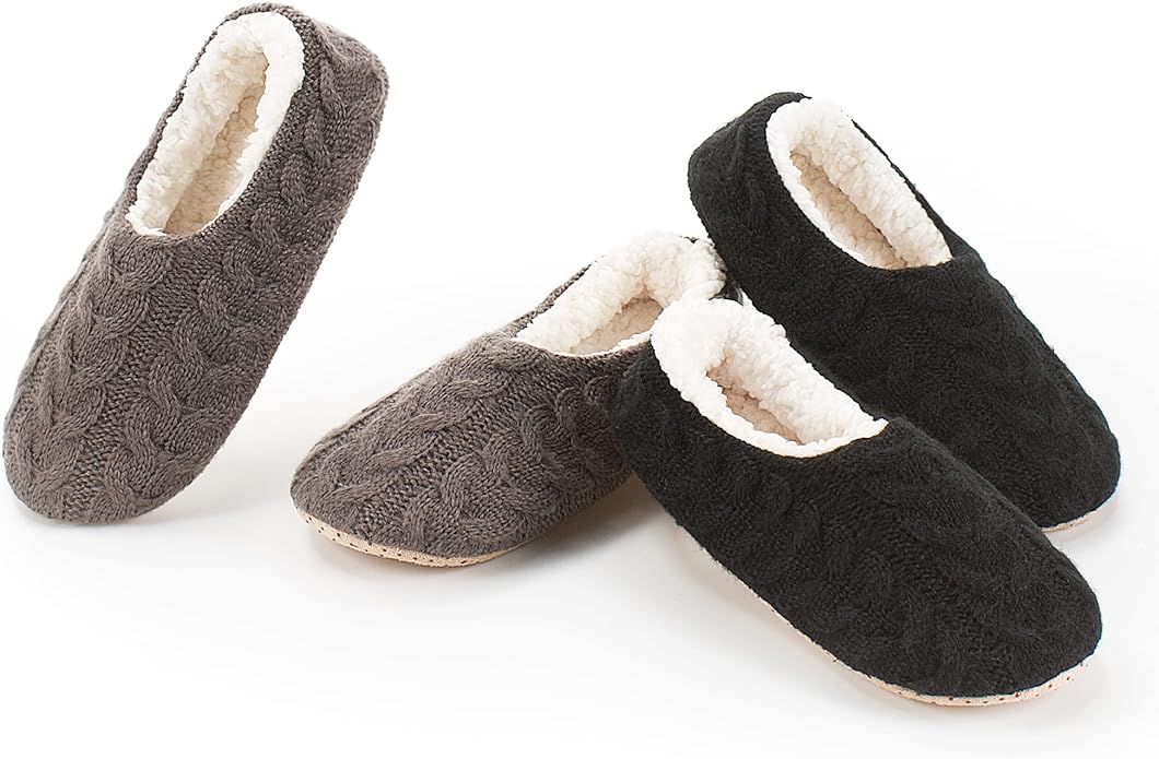 cosyone1997 2-Pair Thick Warm Fuzzy Slippers for Women Indoor Fluffy Sherpa Lined, Winter House Shoe Socks Non-Slip Soft Soles, Cozy Christmas Gifts