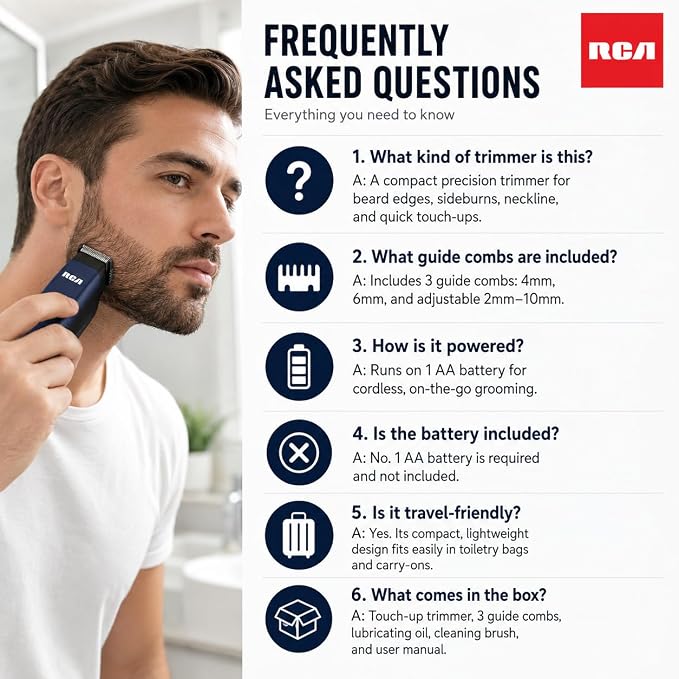 RCA Touch-Up Trimmer for Men, Cordless Travel Size Facial Hair Trimmer with Stainless Steel Blades, Lightweight Portable Beard Detailer for Mustache, Sideburns & Neckline