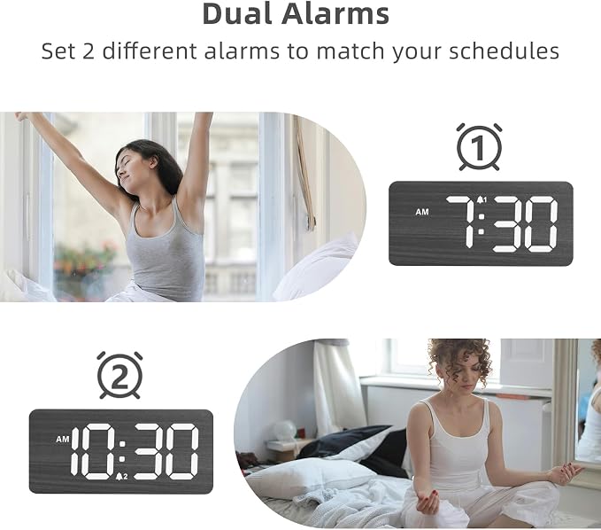 uscce Wooden Digital Alarm Clocks for Bedrooms with 0-100% Dimmable Display | Desk Clock with Large Numbers for Living Room - Loud Dual Alarm for Heavy Sleepers with Volume Control - Wood Decor & Gifts