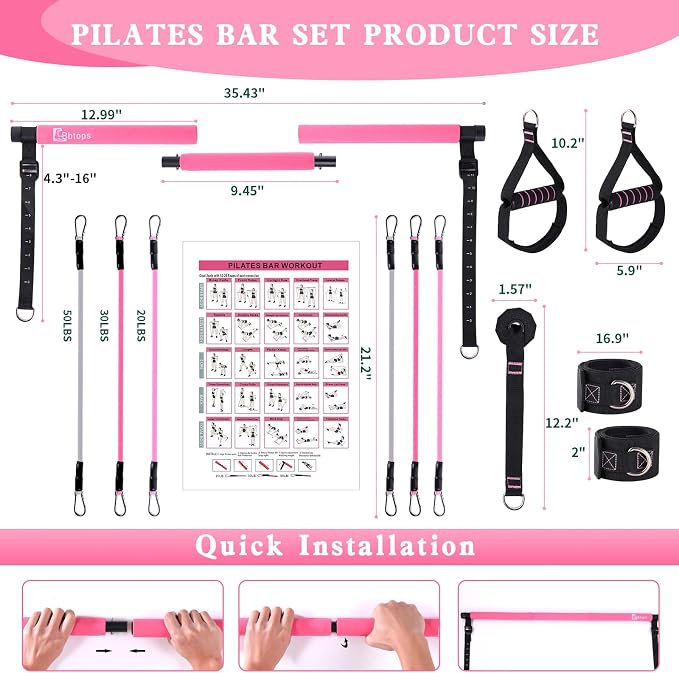 Bbtops Pilates Bar Kit with Resistance Bands,Pilates Bar with Stackable Bands Workout Equipment for Legs,Hip,Waist and Arm,Exercise Fitness Equipment for Women & Men Home Gym Yoga Pilates