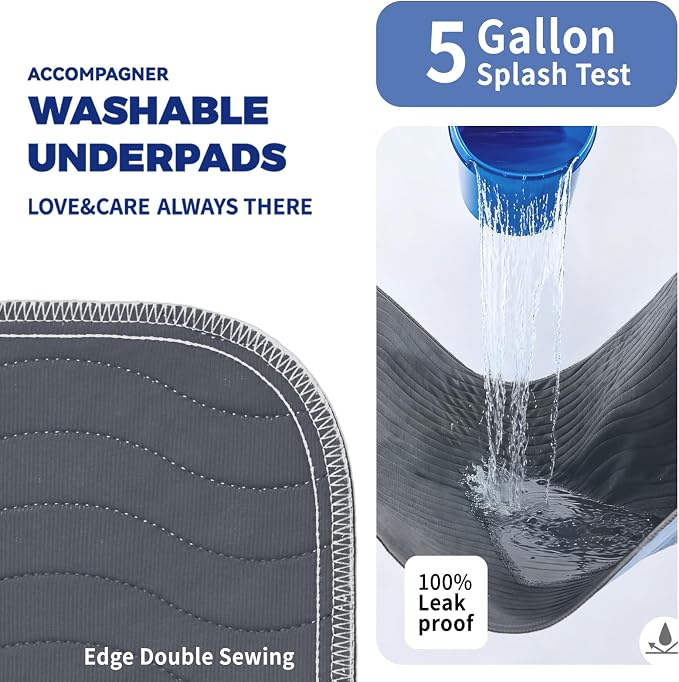Accompagner Incontinence Bed Pads Washable Waterproof, Ultra-Absorbent Reusable Underpads for Diaper Changing, Nursing, Bedridden, Adults, Seniors, Kids and Dogs (Dark Gray, 24"x24"(Pack of 4))
