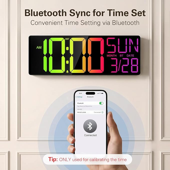 JALL 18" Large Digital Wall Clock with RGB Lights & Remote, Digital Clock with Bluetooth Sync & DST, Wall Clock with Temperature & Seconds Display, Clocks for Living Room, Seniors (Black)