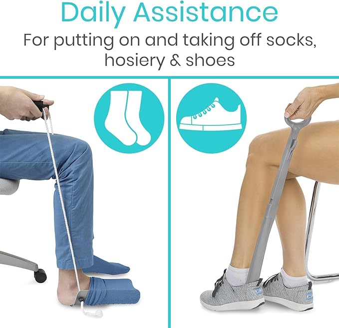 Vive Sock Aid Device for Seniors and Shoe Horn Kit - Sock Puller Aid Easy On and Off - Shoe Horn Long Handle - Adjustable