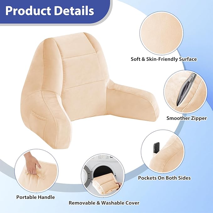Reading Pillows for Sitting in Bed Adult, Back Pillow for Bed Sitting Up, Backrest Pillows with Shredded Foam for Adult&Teens, Support Pillow with Arms for Beds, Couch, Floor, 20in, Beige