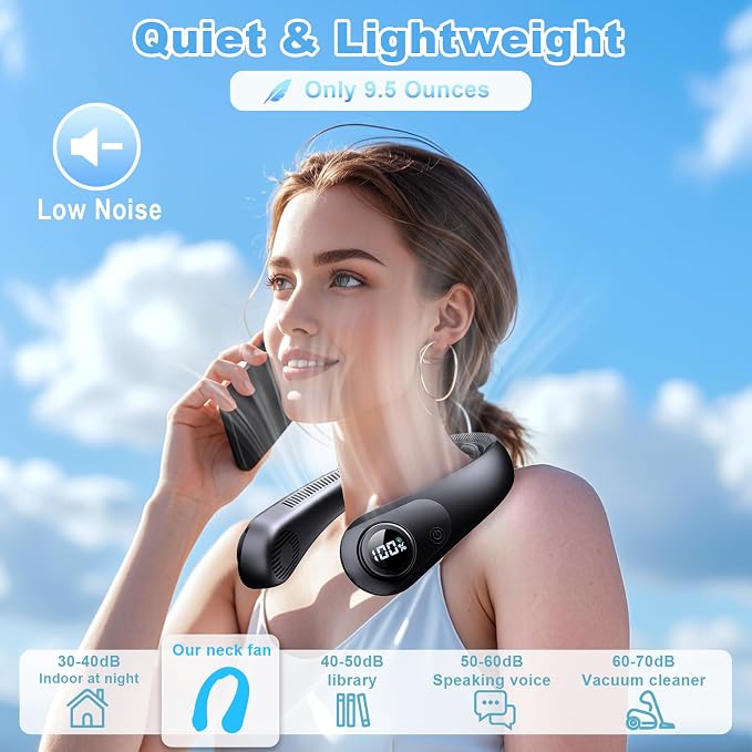 Portable Neck Fan that Blow Cold Air, LED Display, Rechargeable Hands-Free Wearable Cooling Personal Fan, 5 Speed, Neck Support, Bladeless Neck Air Conditioner, Gifts for Women/Men, Hot Flashes
