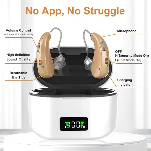 Hearing Aids, 16-Channel Digital Hearing Aids for Seniors, Rechargeable Hearing Aid for People with Hearing Loss, 4 Levels of Volume/Two Mode Noise Cancellation, Clear Sound and Easy to Use