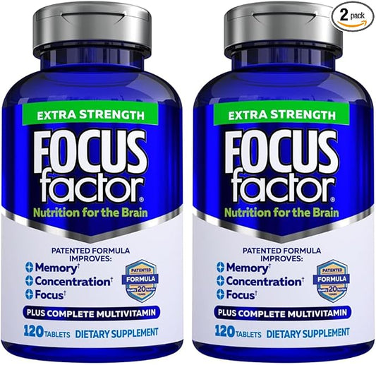 Focus Factor Adults Extra Strength, 120 Count - Brain Supplement for Memory, Concentration and Focus - Complete Multivitamin with DMAE, Vitamin D, DHA - Trusted Health Vitamins (Pack of 2)