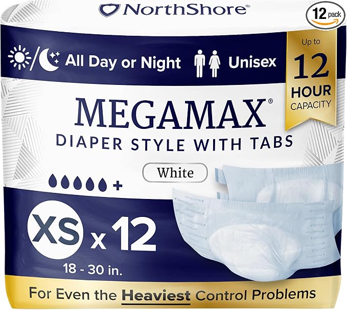 NorthShore MegaMax 12-Hour HBL Adult Diapers for Heavy Bladder Leaks, X-Small, 12 Count, White, 18-30 inches, Tab-Style Incontinence Underwear for Men, Women & Teens
