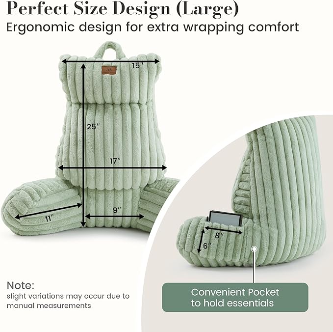 Amélie Home Faux Fur Reading Pillow with Pocket for Sitting in Bed, Adult Backrest Bed Pillow with Washable Cover for Lounging, Study & Relaxing, Sage Green 25 inches