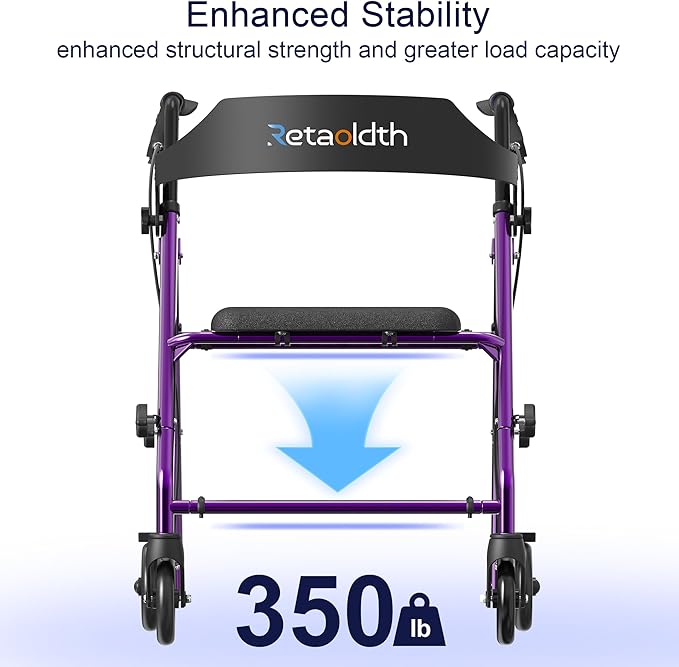 Foldable Rollator Walker with Seat for Seniors, All-Terrain Wheels, 350lb Capacity, Reinforced Inner Metal Rod for Easy Folding & One-Hand Carry, Lightweight Rolling Walker - Purple