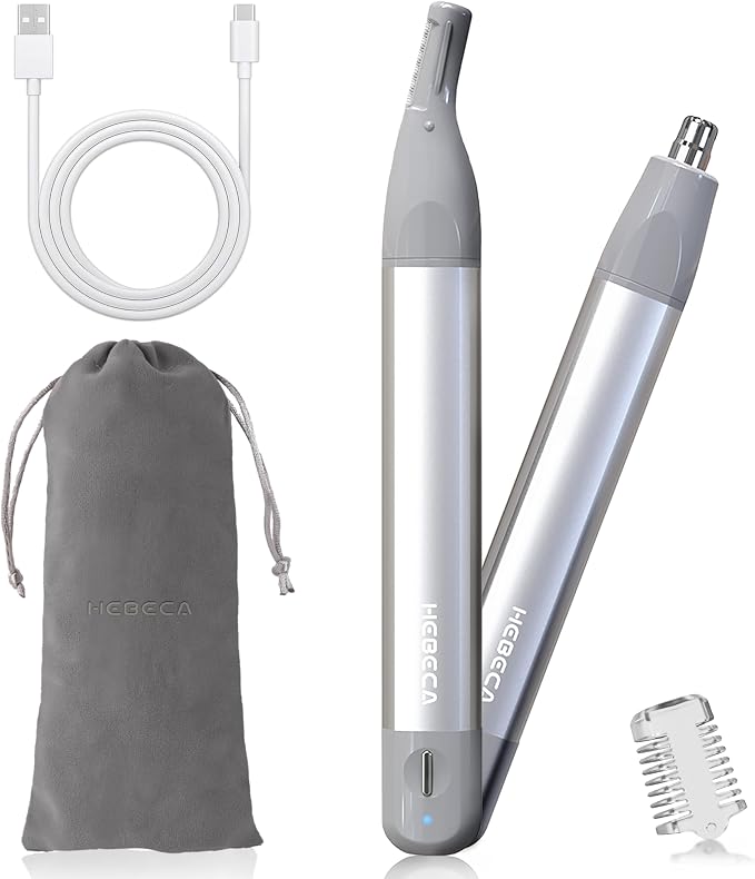 HEBECA Nose Hair Trimmer for Men Women 2in1 Facial Hair Removal Trimmer - Metal Body, Rechargeable, Waterproof, Portable - Nose, Ear, Eyebrow, Peach-Fuzz, Lips, Chin (Silver)