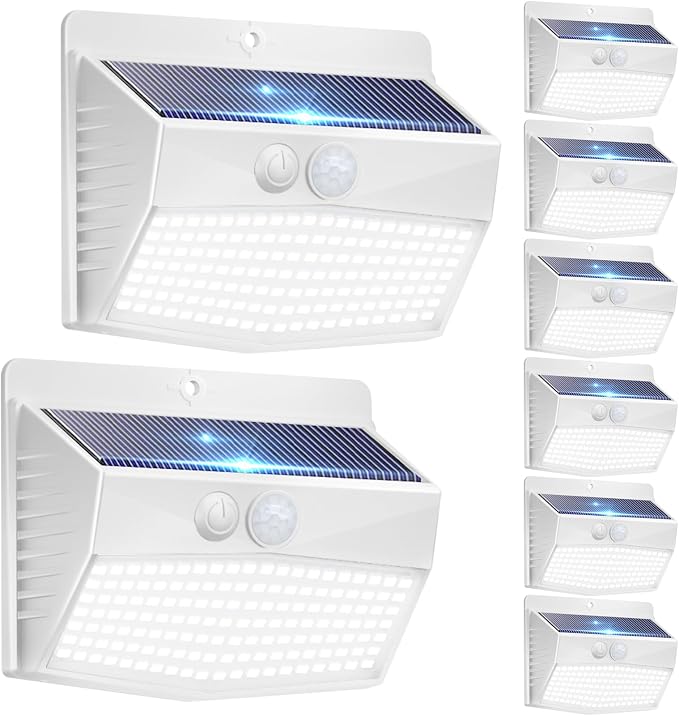 8 Pack Solar Motion Sensor Lights Outdoor Waterproof with 3 Modes | Cool White, White Frame, LED, Solar Powered, Security Lighting for Outside Wall Garden Fence Yard Deck Patio Garage