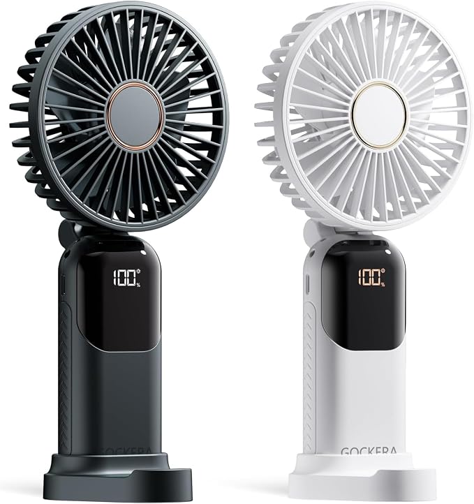 GOCKERA Portable Fan, 4200mAh Battery Operated Fan, 5 Speeds&Digital Display, Makeup Fans for Women with Base, 180°Foldable 3in1 Handheld/Neck/Desk Fan for Outdoor Indoor,Ultra Quiet (Black white)