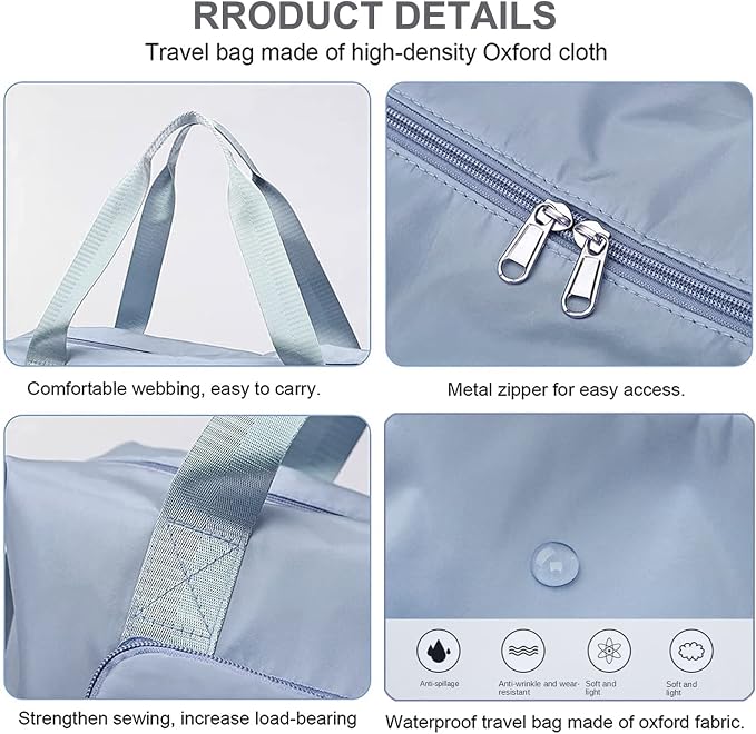Large Capacity Folding Travel Bag, Lightweight Waterproof Luggage Bag, Expandable Travel Duffel Bag, Dry Wet Separated Gym Tote Bag, Weekender Overnight Bags for Women and Man (Blue)