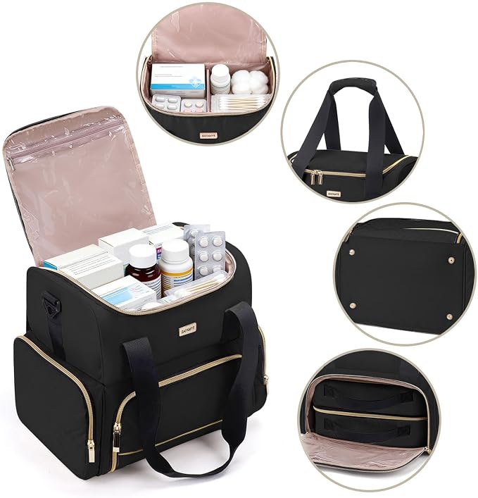 BAFAMYE Large Medicine Storage Bag with 2 Removable Cases, Medicine Storage Bag with Multiple Storage Sections,with Shoulder Strap,Suitable for Travel or Home,Black
