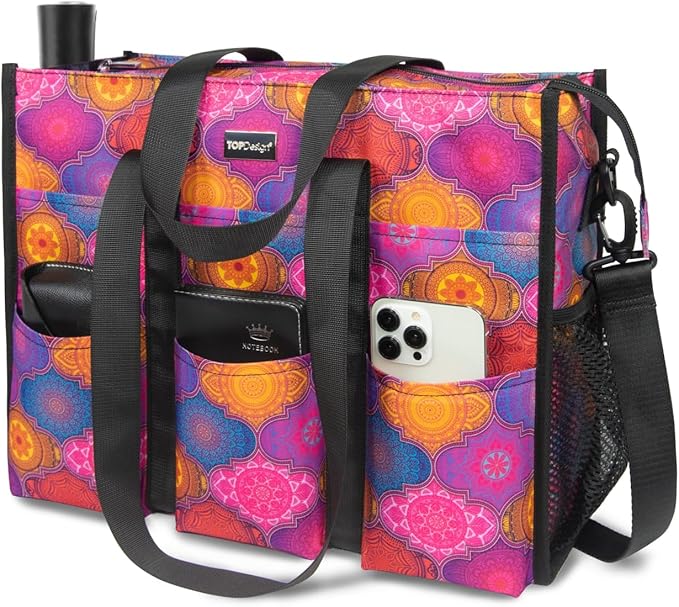 TOPDesign Utility Water Resistant Tote Bag with 22 Pockets, Top Zipper Closure & Thick Bottom Support, for Working Women