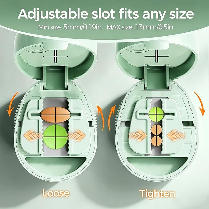 Adjustable Pill Cutter Splitter for Small and Tiny Pills, 1/2 1/4 Pill Splitter for Small Pills Vitamins Tablets, Accurate Alignment & Easy Cutting, Hidden Sharp Blade, Bottom Storage (Green)
