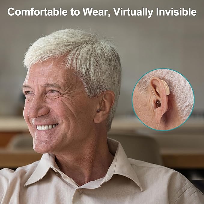 Rechargeable Hearing Aids for Seniors with Noise Reduction, BTE Hearing Aids for People with Mild Moderate Severe Hearing Loss, Dual Microphones, Comfortable Fit - Beige