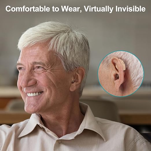 Rechargeable Hearing Aids for Seniors with Noise Reduction, BTE Hearing Aids for People with Mild Moderate Severe Hearing Loss, Dual Microphones, Comfortable Fit - Beige