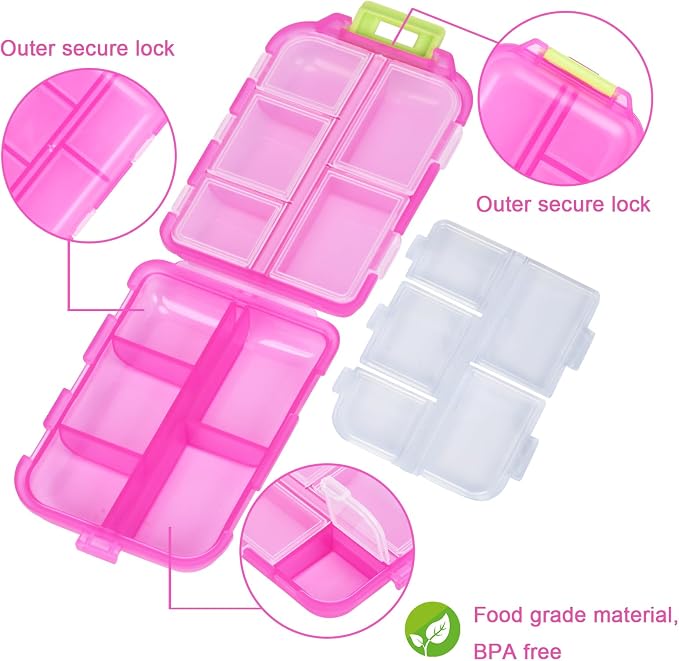 Large Travel Pill Box with 189 Medicine Labels, 10 Compartments Travel Medicine Organizer Medicine Pill Organizer Travel Essentials Pill Organizer with Stickers (Pink, 1 Pack)