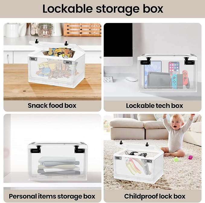 Large Medicine Lock Box for Safe Medication, 24 Litre Locked Medicine Box with Combination Code, Hygienic Lockable Storage Box for Snacks/Food/Electronic/Fridge/Personal Items Stackable Clear