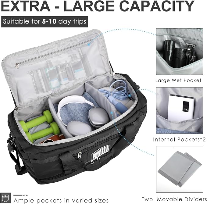 Travel Bag for Men Women, X-Large Gym Bag & Tactical Duffle Bags for Travel | Carry on with Toiletry Bag and Shoe Compartment, Weekender Overnight Duffel with Wet Pocket for Workout Medical, Black