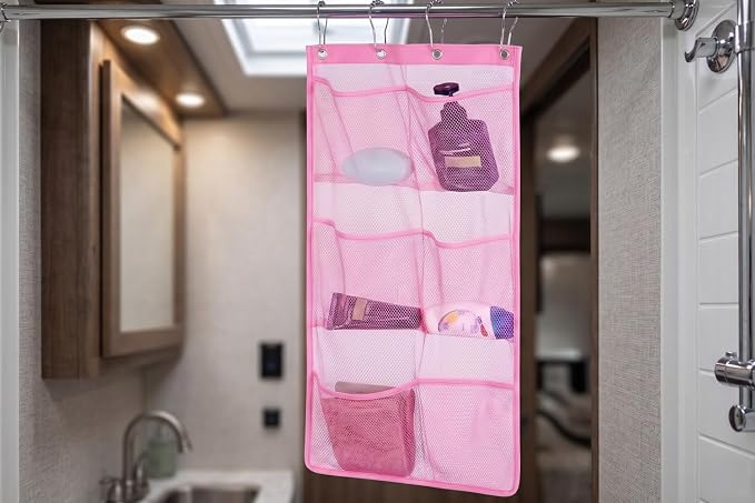 ALYER 6 Storage Pockets Hanging Mesh Shower Caddy,Space Saving Bathroom Accessories and Quick Dry Bath Organizer,Pink