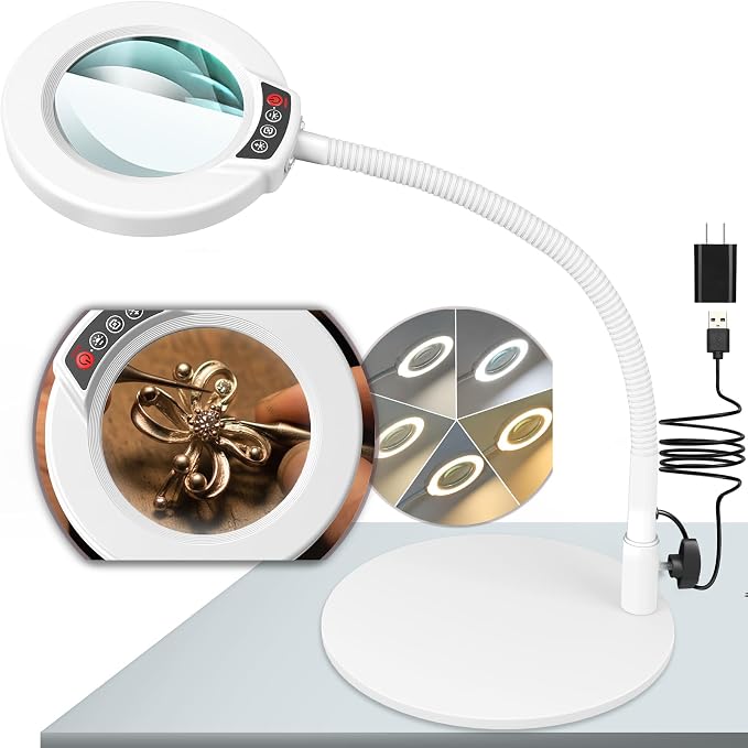 10X Magnifying Glass with Light and Stand, 16.5in Flexible Goose-Neck, 5 Color Modes Stepless Dimmable LED Lighted Desk Lamp, Hands Free Magnifier for Crafting Hobby Painting Close Work - White