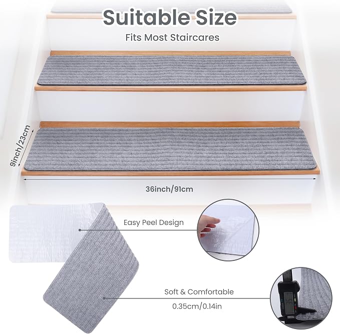 Extra Wide Non Slip Stair Treads for Wooden Steps – 15 Pack 9" x36'‘Extra Wide Carpet Runners with Reusable Adhesive, Step Pads for Dogs, Kids, Seniors, Machine Washable – Light Grey