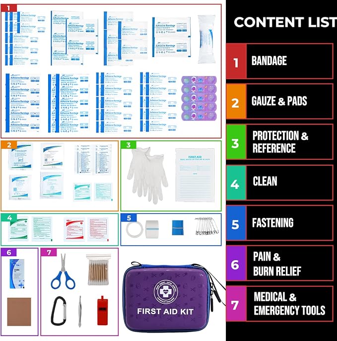 Small First Aid Kit - 165 Piece Dual-Color Emergency Medical Kit with Hard Shell & Fluorescent Exterior Coating, Emergency First Aid Kit for Home, Car, Travel, Hiking & Outdoor(Blue/Purple)