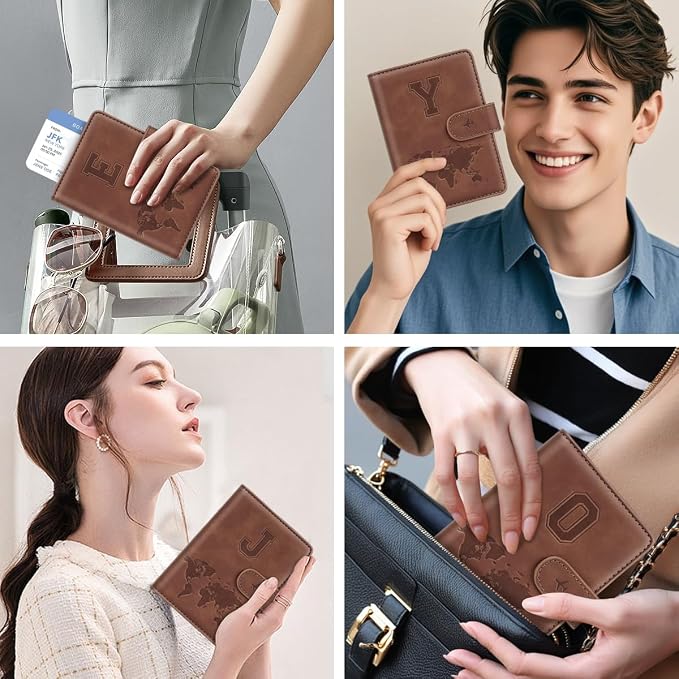 Passport Holder Wallet Cover Personalized Initial Travel Essentials | Embossed Letter A-Z Design, Travel Wallets, RFID Blocking, Passport Book Holders, Women and Men, Personalized Gifts, Brown-Y