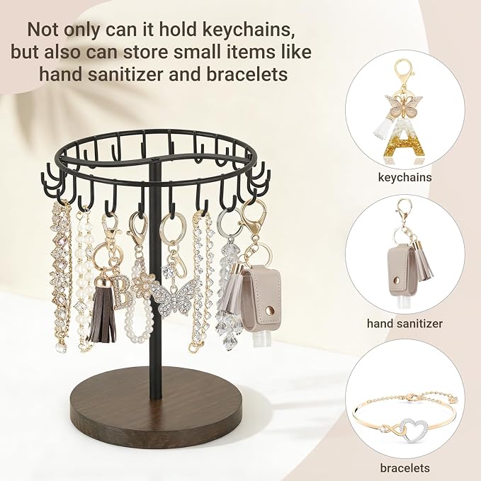 Dahey Keychain Holder Display Stand for Vendor, 22 Hooks Organizer for Desk | Space-Saving, Versatile Storage Keychain Bracelets Bag Charms, Sturdy Wood, Easy Assembly, for Study Entryway Decor, Black