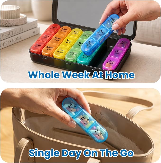 Odaro Pill Organizer 3X a Day, Medicine Pill Organizer 7 Day, Weekly Pill Case with 21 Compartments for Medicine, Vitamin and Supplement, Black