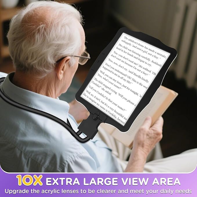 Large 10X Rechargeable Hands Free Magnifying Glass for Reading with Light | Neck Wear Magnifier with 50 Led Lights, Full Book Page,Magnifier for Seniors, Low Vision, Elderly