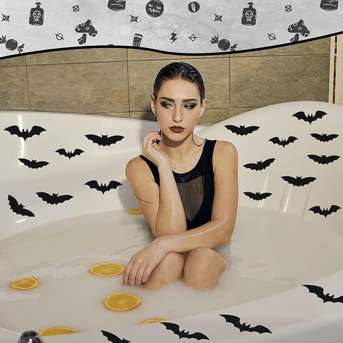24 Pcs Non Slip Black Bat Bathtub Stickers for Kids Halloween Horror Bath Treads Adhesive Anti Slip Shower Decal Threads with Scraper for Kid Toddler Bath Tub and Shower Floor Bathroom Decor