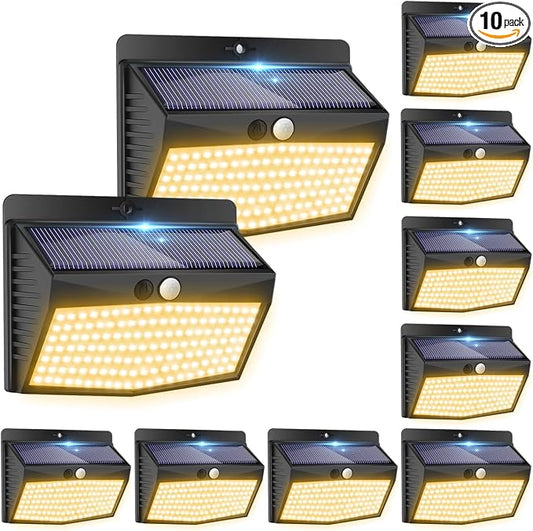 10 Pack Solar Lights Outdoor Motion Sensor with 3 Lighting Modes | Warm White, Black, Waterproof, LED, Solar Powered, Security, Outside, Wall, Garden, Fence, Yard, Deck, Patio, Garage