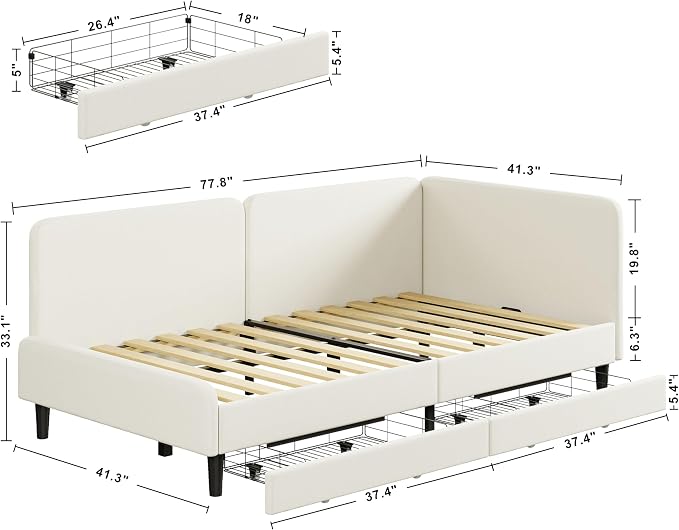 LIKIMIO Twin Daybed with Headboard, 2 Storage Drawers and Guardrails, Cream | No box spring needed. Safety rails & drawers. Ideal for dorms, guest rooms, small spaces. Easy assembly.