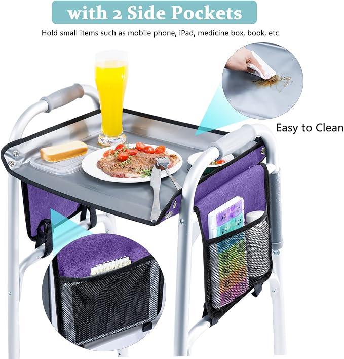 BAGSFY Walker Tray with Cup Holder & Side Pocket – Hard Top Walker Table for Seniors – Folding Walker Accessory for Meals, Reading, Drinks – Non-Slip Surface, Tool-Free Install, Universal Fit