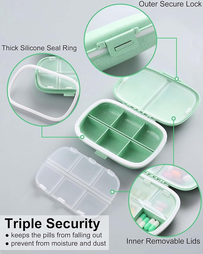 2 Pack 8 Compartments Travel Pill Organizer, Daily Pill Case Small Pill Box for Pocket Purse, Portable Pill Container Medicine Vitamin Organizer (Cyan & Khaki)