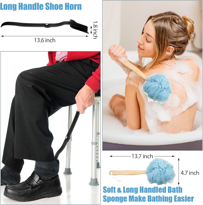 Domensi 6 Pcs Total Hip Kit with Leg Lifter Hip Back Knee Replacement Recovery Aid for Seniors Pregnant, 32'' Foldable Grabber Sock Assistant Device No Bending Shoe Horn Dressing Stick Bath Sponge