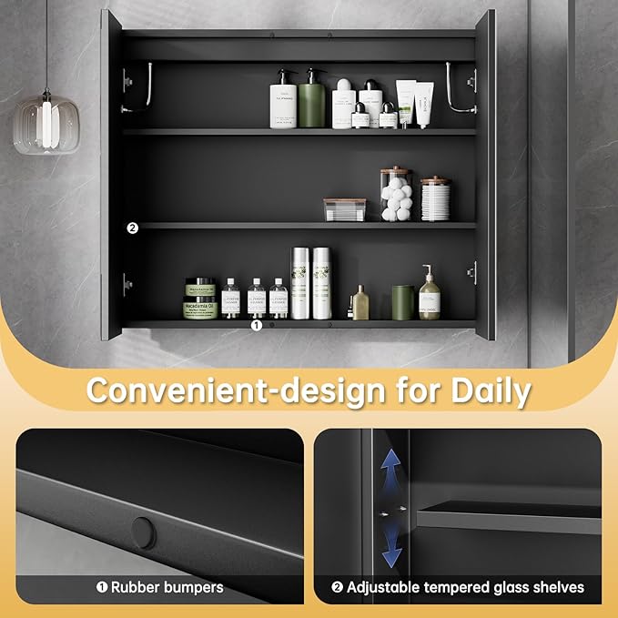24"X30" Bathroom Medicine Cabinet with Mirror, LED Lighted Medicine Cabinet with Anti-Fog, 3 Colors Temperature Stepless Dimmable, Metal Cabinet for Storage and Mordern Decor, Black