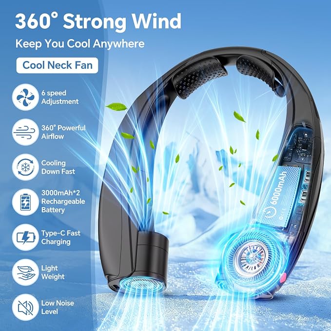 Portable Neck Fan, 6000mAh Rechargeable Personal Fan, 6 Speeds Hands Free Wearable Fan with 360° Surround Airflow, Ideal for Travel, Office, Sports, Home - Gifts for Men Women Dad Mom