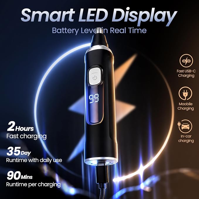 Ear and Nose Hair Trimmer for Men & Women,2026 Painless USB Rechargeable Eyebrow & Facial & Nose Hair Trimmer Clipper with LED Display for Easy Cleansing Travel Size (Black)